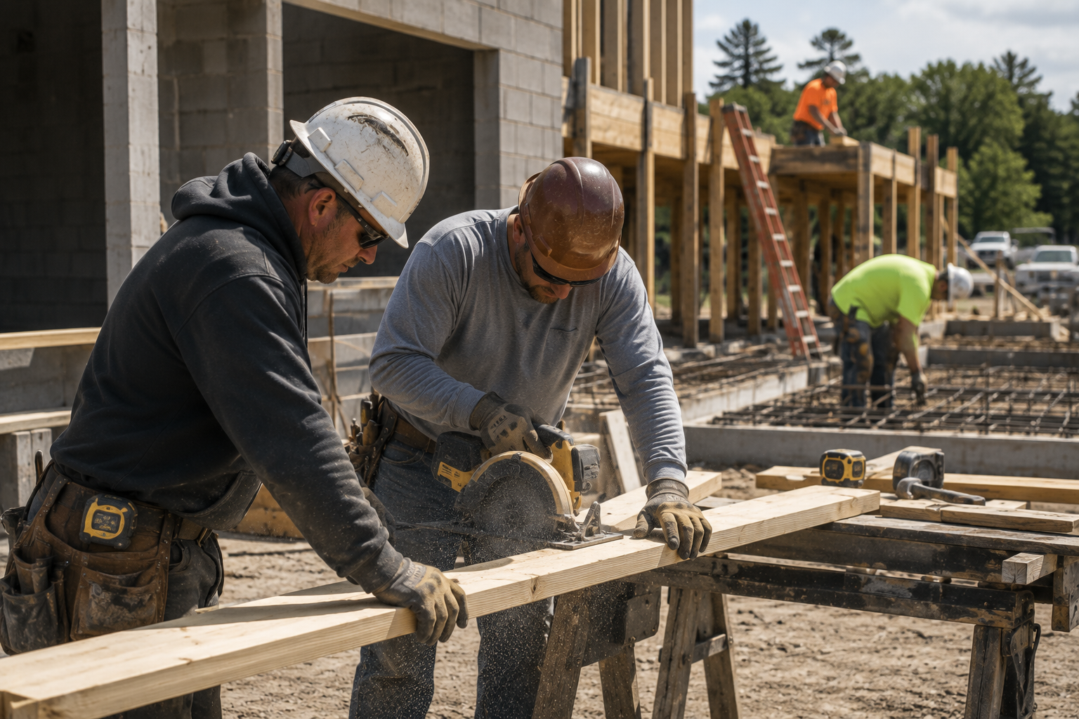 Construction workers wearing custom company apparel at a job site in Aspen, Colorado.